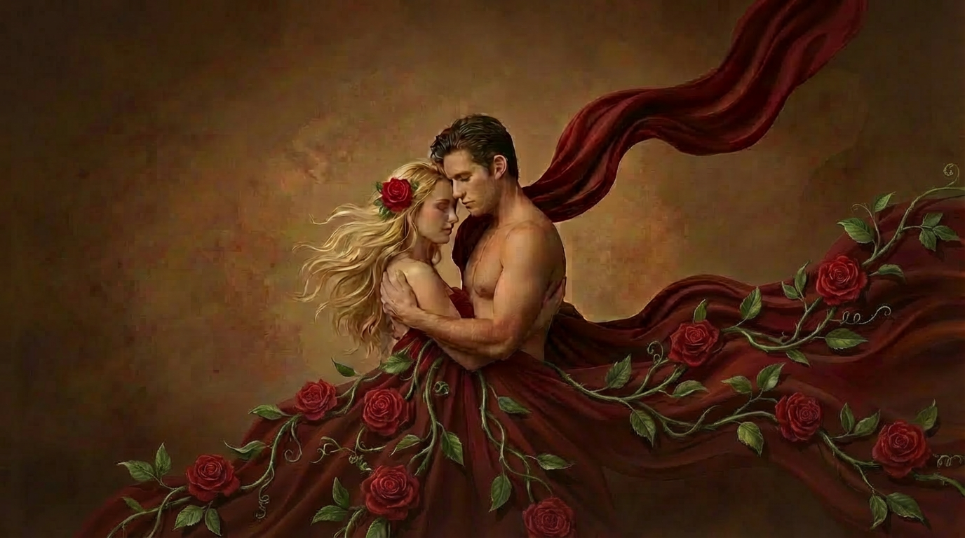 Poster for Sacred Sexuality: Coming Up Roses Workshop & Retreat, June 21st-23rd. Two figures embrace amidst roses.