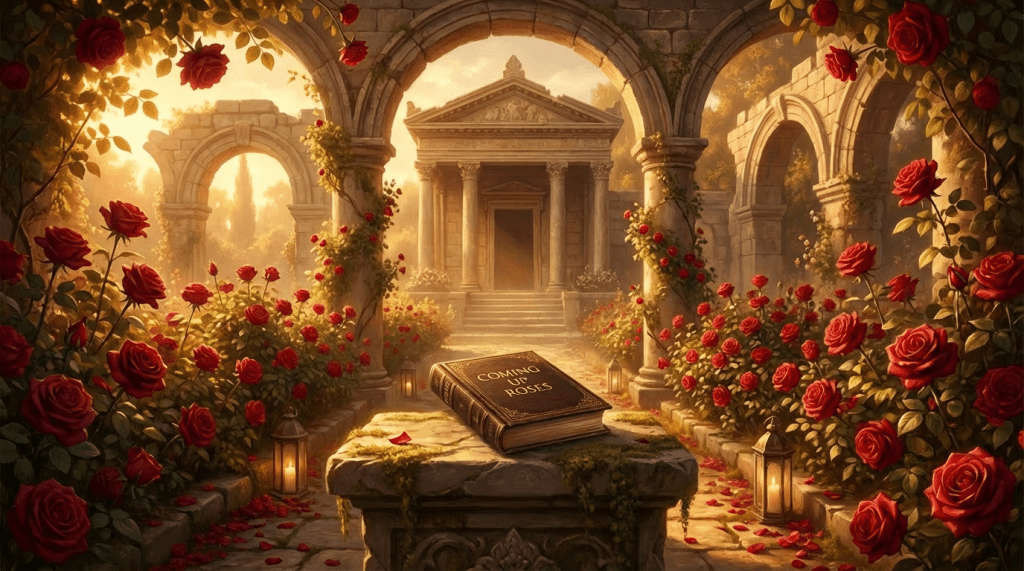 Replace altar rose with book titled Coming Up Roses